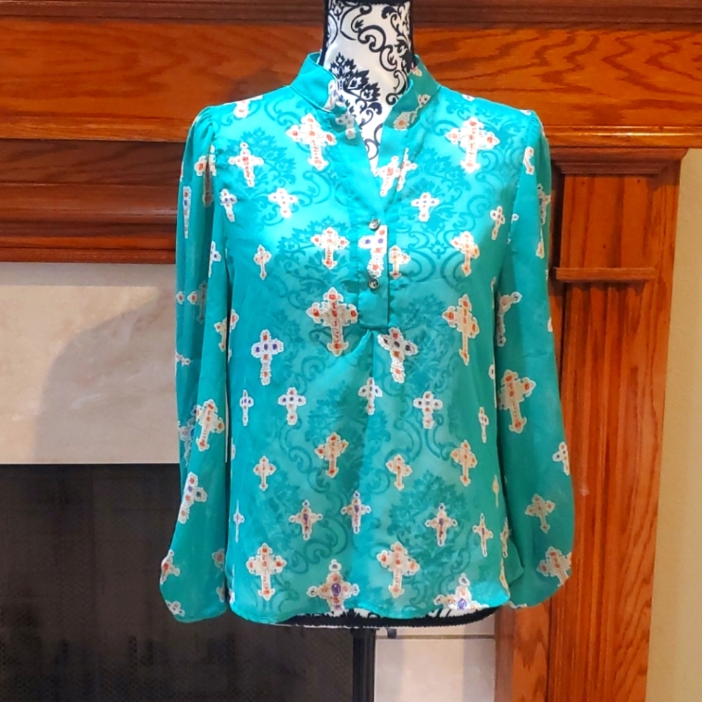 Teal chiffon top w crosses